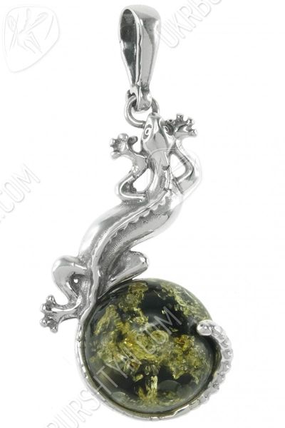 Кулон из серебра с зеленым янтарем «Ящерица»