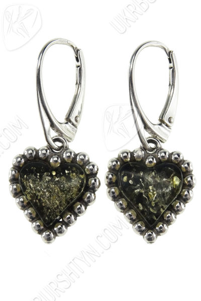 Сережки з бурштином і сріблом «Серця»