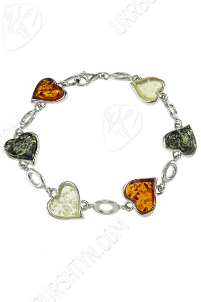 Срібний браслет з бурштином «Серця»