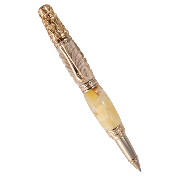 Бурштинова кулькова ручка з різьбленим рогом оленя «Естет»