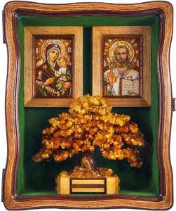 Набір: пара ікон Христа і Божої Матері (Іверська) і бурштинове дерево з кіотом та шкіряним чохлом