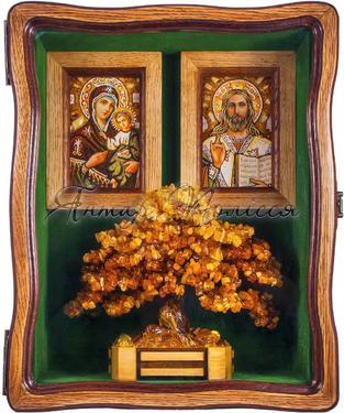 Набор: пара икон Христа и Божией Матери (Иверская) и янтарное дерево с киотом и кожаным чехлом